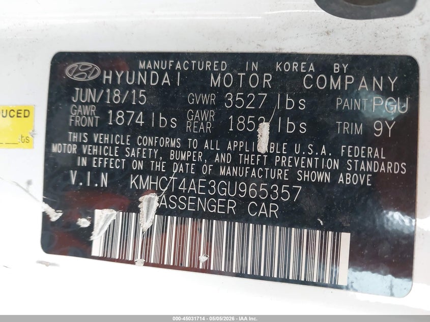 2016 Hyundai Accent Se VIN: KMHCT4AE3GU965357 Lot: 45031714