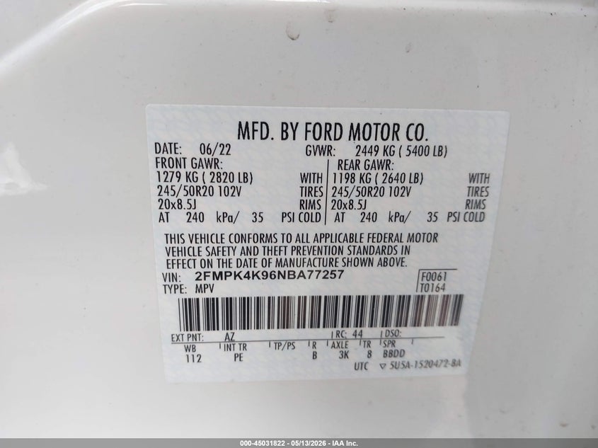 VIN 2FMPK4K96NBA77257 2022 FORD EDGE TITANIUM