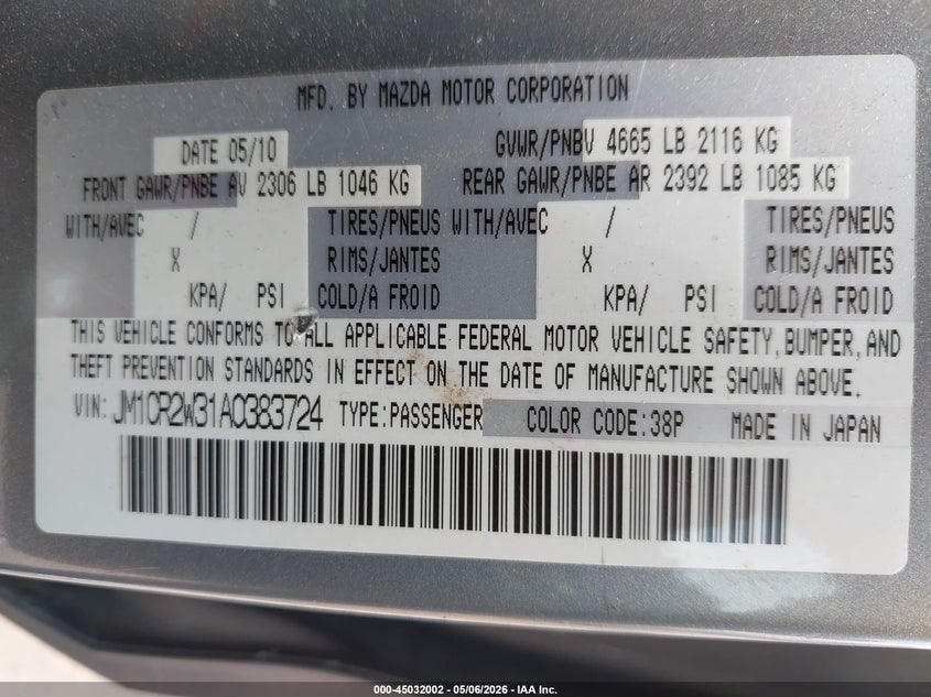 2010 Mazda Mazda5 Sport VIN: JM1CR2W31A0383724 Lot: 45032002