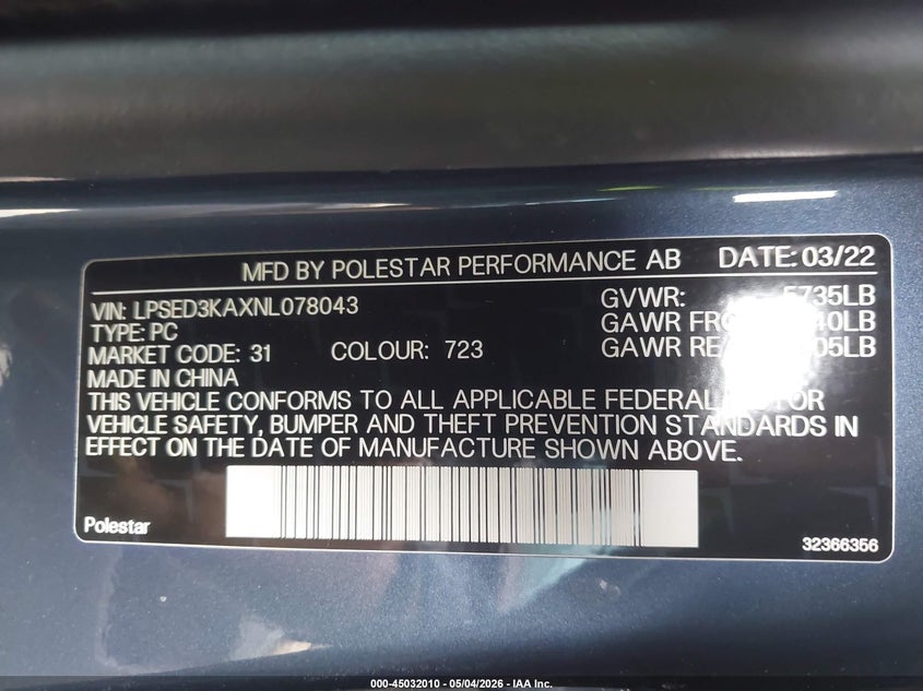 2022 Polestar 2 Long Range Dual Motor VIN: LPSED3KAXNL078043 Lot: 45032010