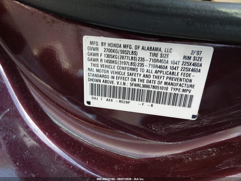 2007 Honda Odyssey Touring VIN: 5FNRL38867B051010 Lot: 45032160