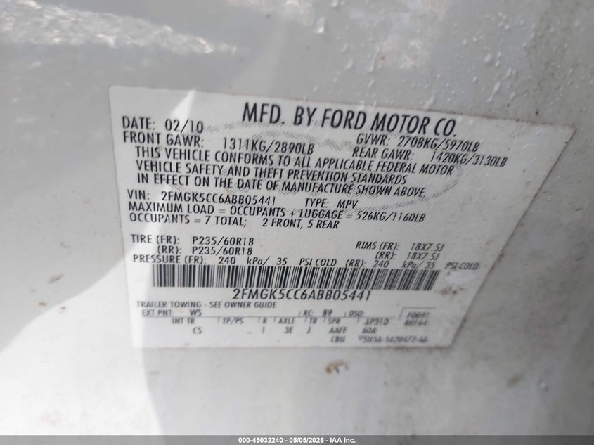 2010 Ford Flex Sel VIN: 2FMGK5CC6ABB05441 Lot: 45032240