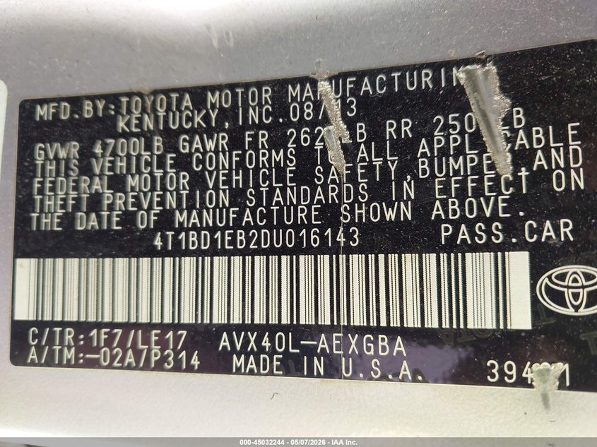 2013 TOYOTA AVALON SEDAN 2.5L I-4 DOHC, VVT, 156HP