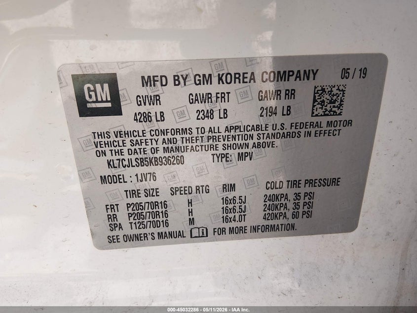 VIN KL7CJLSB5KB936260 2019 CHEVROLET TRAX LT