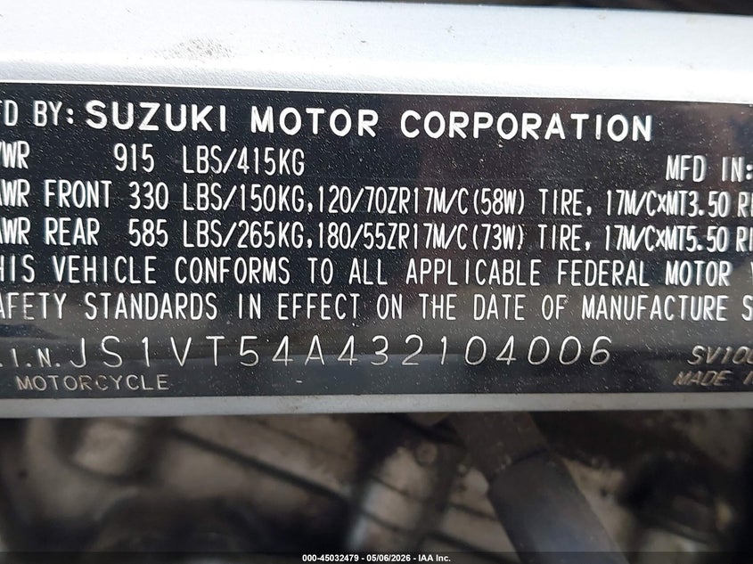 2003 Suzuki Sv1000 Sk3 VIN: JS1VT54A432104006 Lot: 45032479
