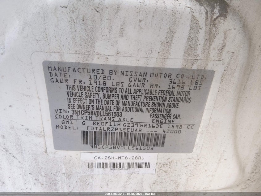 VIN 3N1CP5BV0LL561503 2020 NISSAN KICKS S XTRONIC CVT