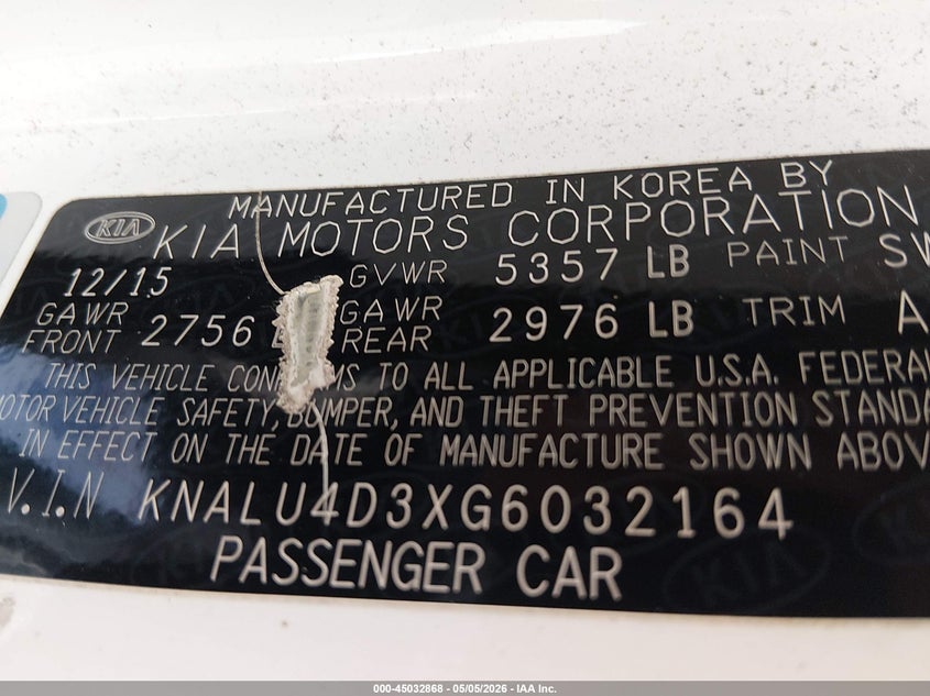 2016 Kia K900 Luxury 3.8L VIN: KNALU4D3XG6032164 Lot: 45032868