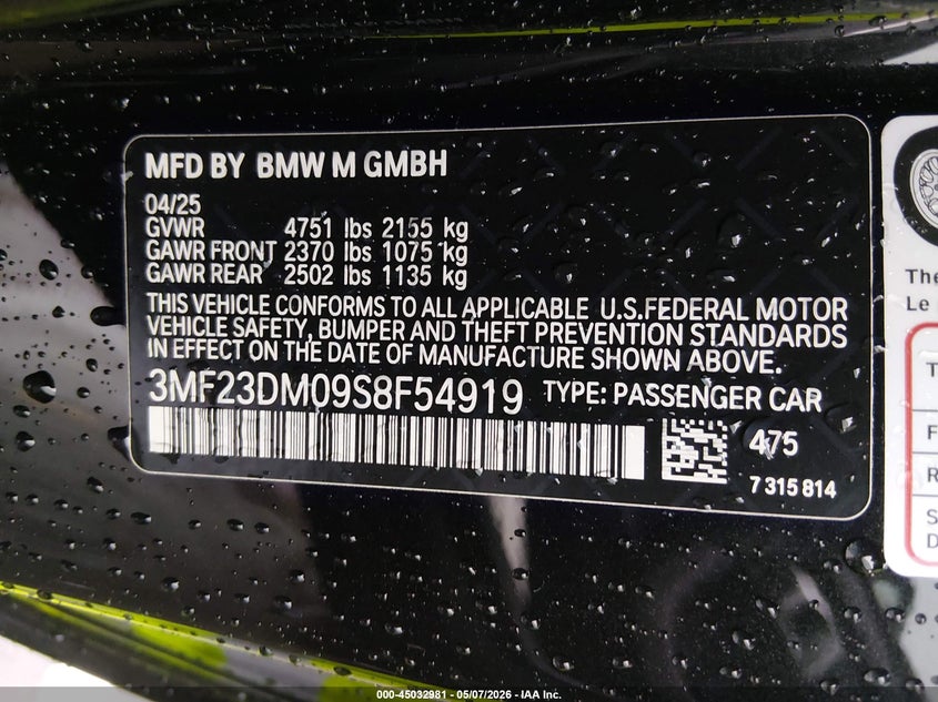 2025 BMW M2 VIN: 3MF23DM09S8F54919 Lot: 45032981