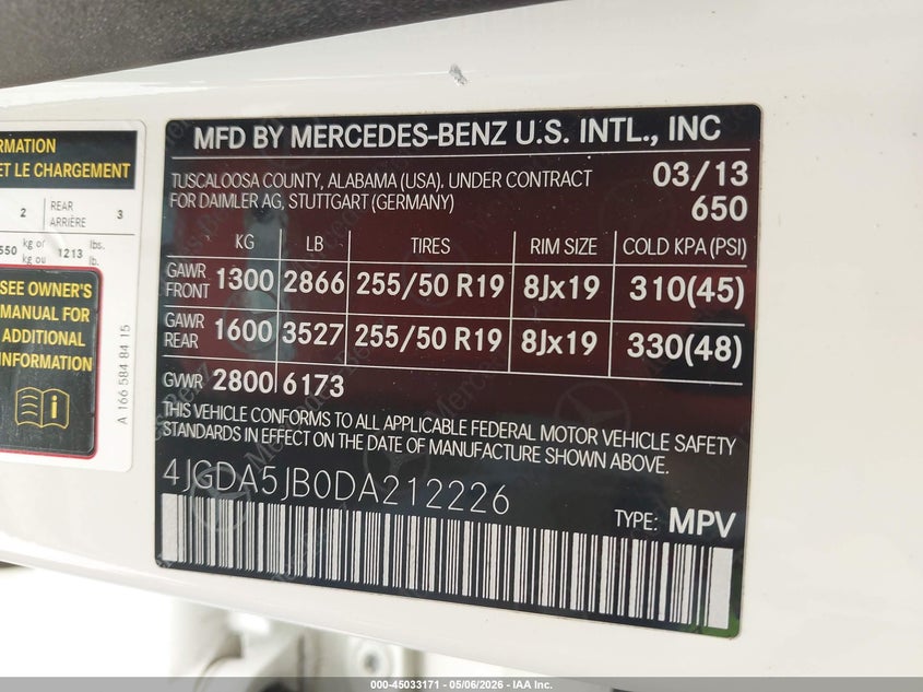 2013 Mercedes-Benz Ml 350 VIN: 4JGDA5JB0DA212226 Lot: 45033171