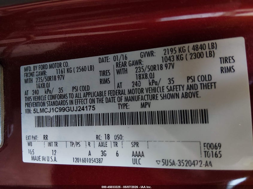 2016 Lincoln Mkc Premier VIN: 5LMCJ1C99GUJ24175 Lot: 45033325