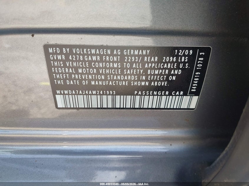 2010 Volkswagen Golf 4-Door VIN: WVWDA7AJ4AW241993 Lot: 45033345