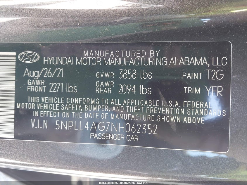 VIN 5NPLL4AG7NH062352 2022 HYUNDAI ELANTRA SE