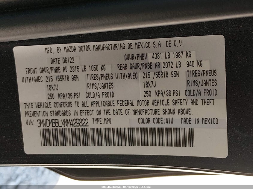 2022 Mazda Cx-30 Select VIN: 3MVDMBBLXNM429822 Lot: 45033756
