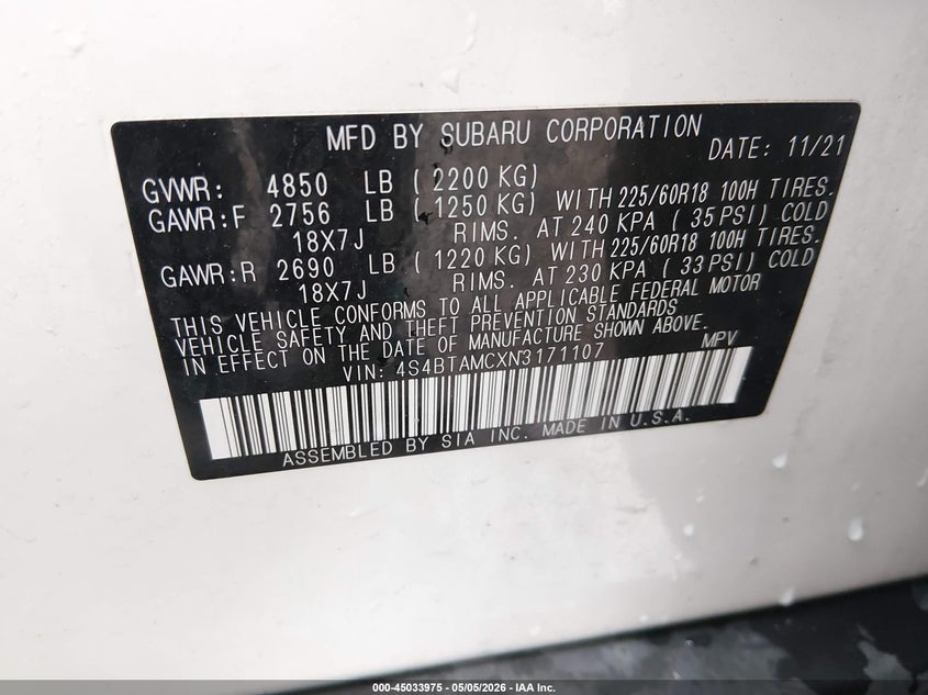 SUBARU OUTBACK 2022 VIN 4S4BTAMCXN3171107