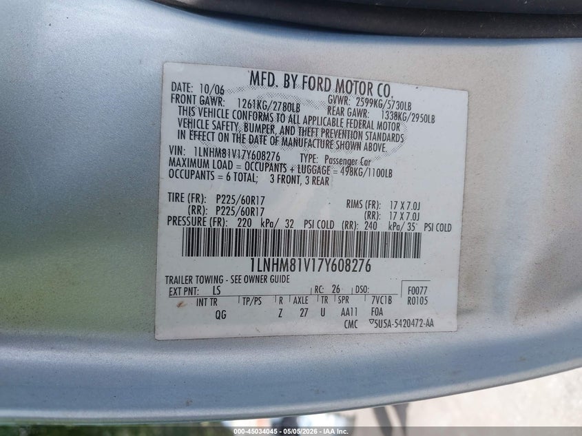 2007 Lincoln Town Car Signature VIN: 1LNHM81V17Y608276 Lot: 45034045