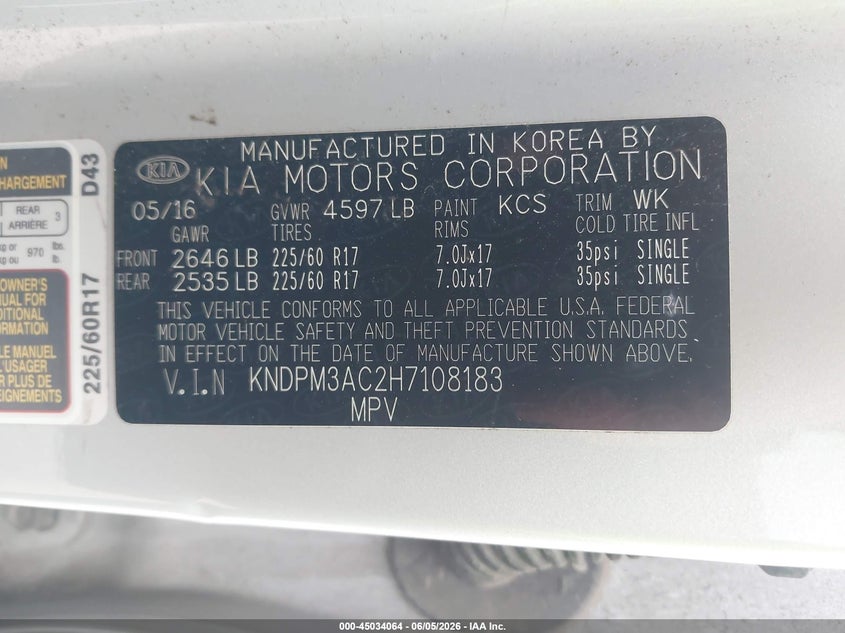 VIN KNDPM3AC2H7108183 2017 KIA SPORTAGE LX