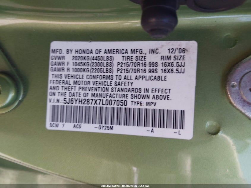 2007 Honda Element Ex VIN: 5J6YH287X7L007050 Lot: 45034123