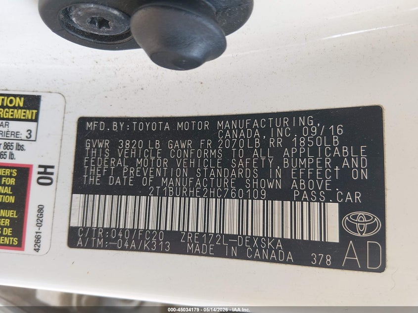 VIN 2T1BURHE2HC760109 2017 TOYOTA COROLLA SE