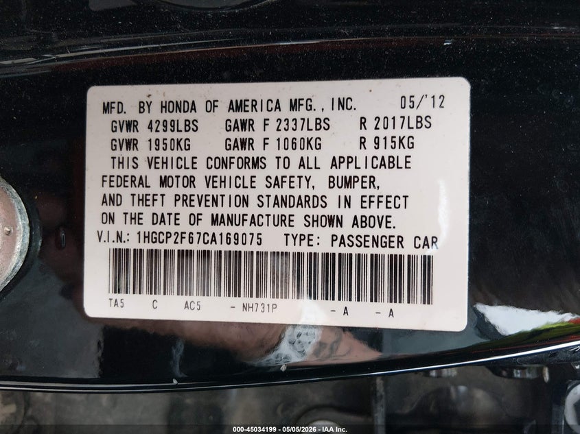 2012 Honda Accord 2.4 2.4 Se Black Lot 111045034199 Vin 1HGCP2F67CA169075