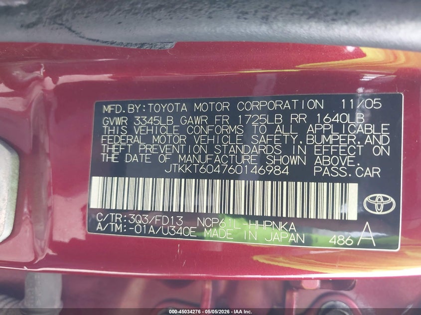 2006 Scion Xa VIN: JTKKT604760146984 Lot: 45034276