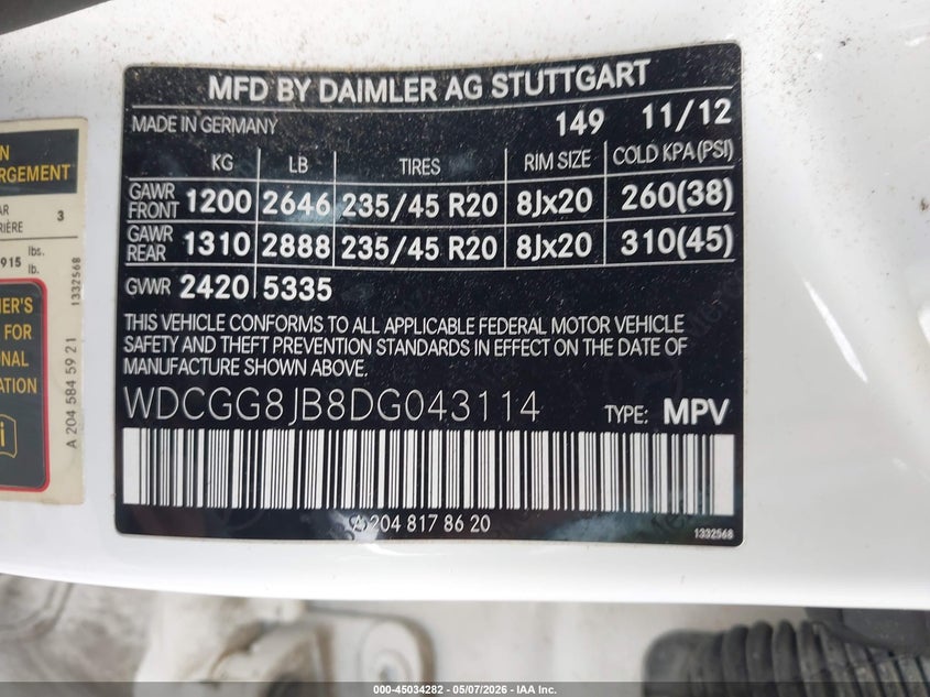 2013 Mercedes-Benz Glk 350 4Matic VIN: WDCGG8JB8DG043114 Lot: 45034282