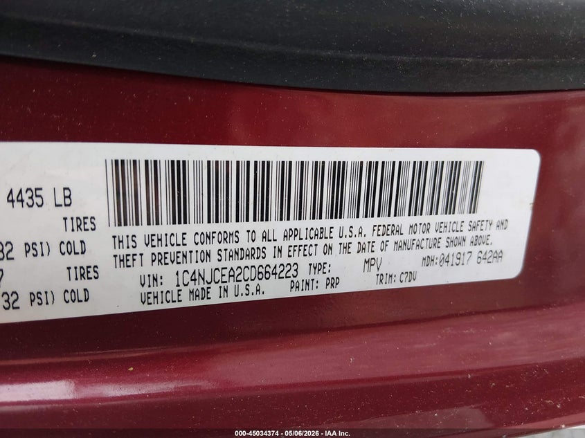 1C4NJCEA2CD664223 2012 Jeep Compass 2.0 Latitude red