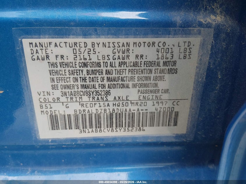 VIN 3N1AB8CV8SY352386 2025 NISSAN SENTRA SV