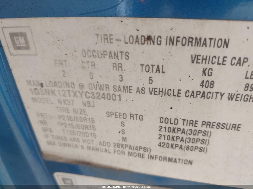 2000 Oldsmobile Alero Gx VIN: 1G3NK12TXYC324001 Lot: 45034494