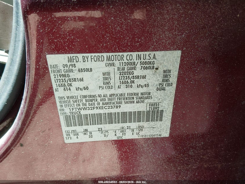 1999 Ford F-350 Lariat/Xl/Xlt VIN: 1FTWW32F9XEC23789 Lot: 45034553
