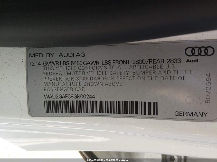2016 Audi A7 3.0T Premium Plus VIN: WAU2GAFC8GN002441 Lot: 45034598