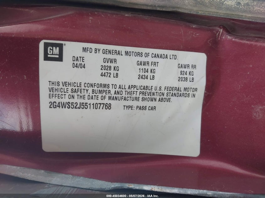 2005 Buick Century VIN: 2G4WS52J551107768 Lot: 45034600