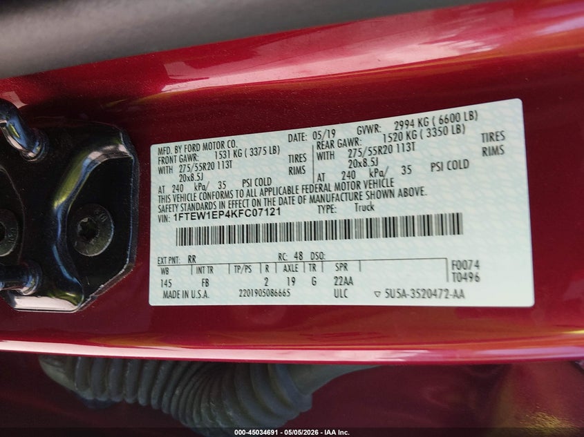 2019 FORD F-150 TRUCK 2.7L V-6 DI, DOHC, VVT, TURBO, 325HP