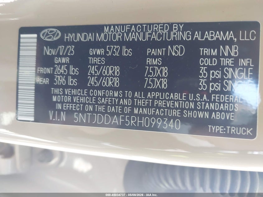 2024 Hyundai Santa Cruz Xrt VIN: 5NTJDDAF5RH099340 Lot: 45034737