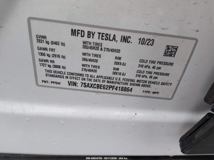2023 Tesla Model X Plaid Tri Motor All-Wheel Drive VIN: 7SAXCBE62PF418864 Lot: 45034788