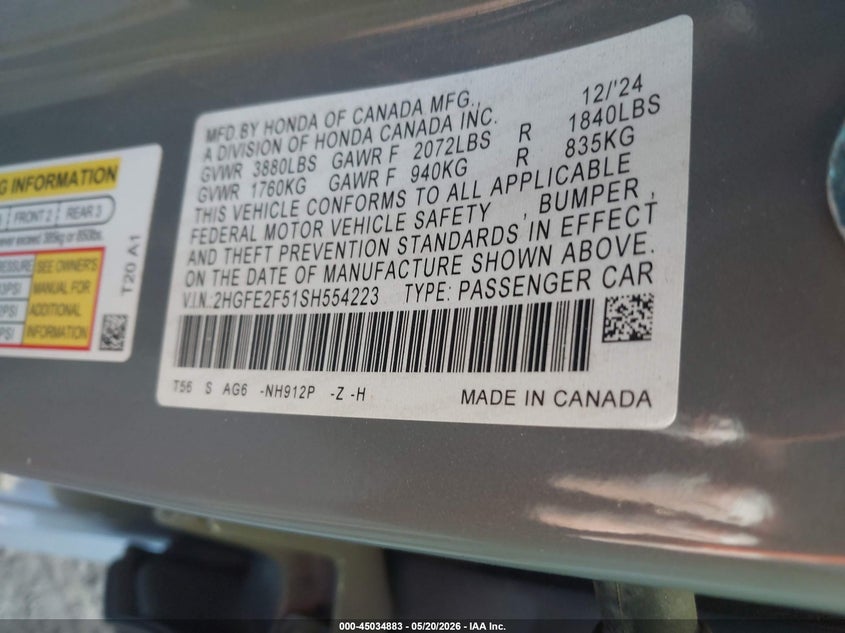 2025 HONDA CIVIC SEDAN 2.0L I-4 DI, DOHC, VVT, 150HP