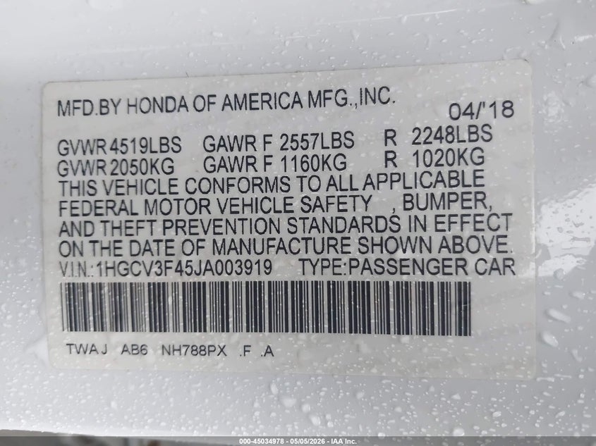 VIN 1HGCV3F45JA003919 2018 HONDA ACCORD HYBRID EX