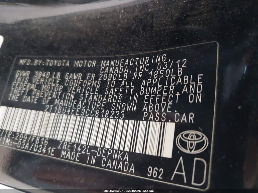 2012 Toyota Corolla 1.8 Le Black Lot 111045035027 Vin 2T1BU4EE9CC818233