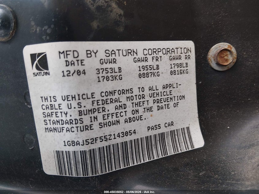 2005 Saturn Ion 2 VIN: 1G8AJ52F55Z143054 Lot: 45035052