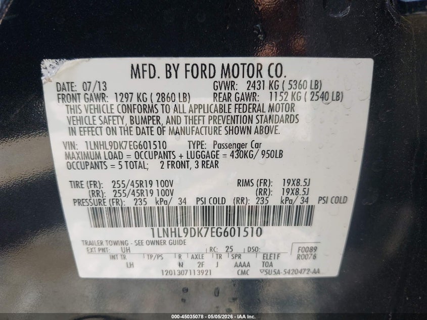 2014 Lincoln Mks VIN: 1LNHL9DK7EG601510 Lot: 45035078
