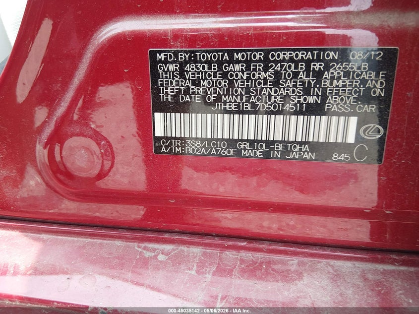 2013 Lexus Gs 350 VIN: JTHBE1BL7D5014511 Lot: 45035142