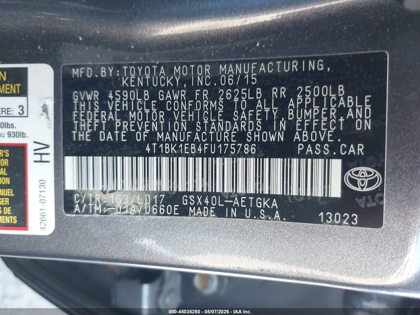 TOYOTA AVALON 2015 VIN 4T1BK1EB4FU175786