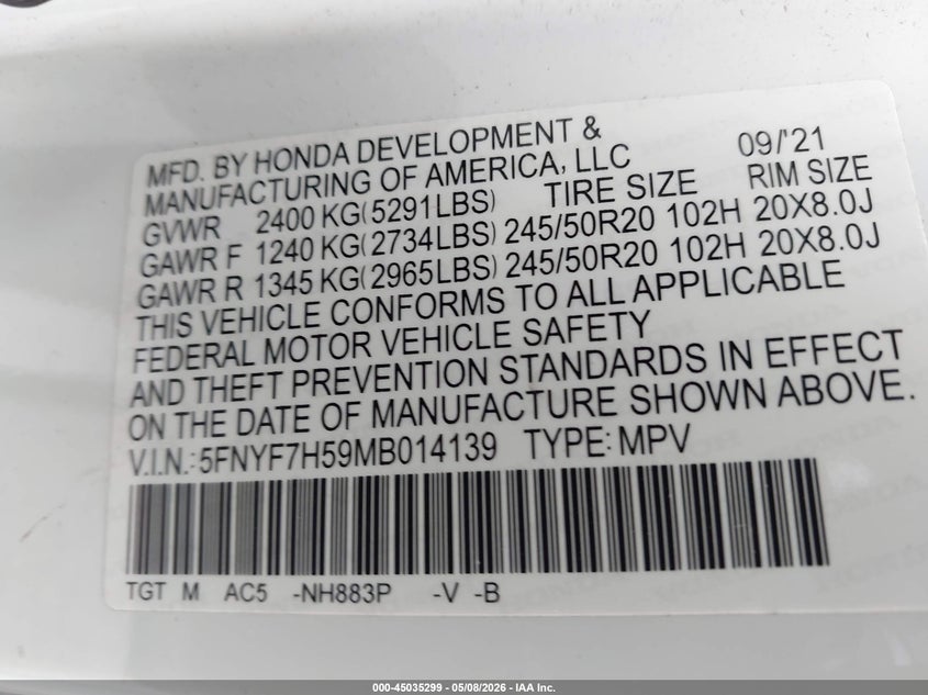 2021 Honda Passport 2Wd Ex-L VIN: 5FNYF7H59MB014139 Lot: 45035299