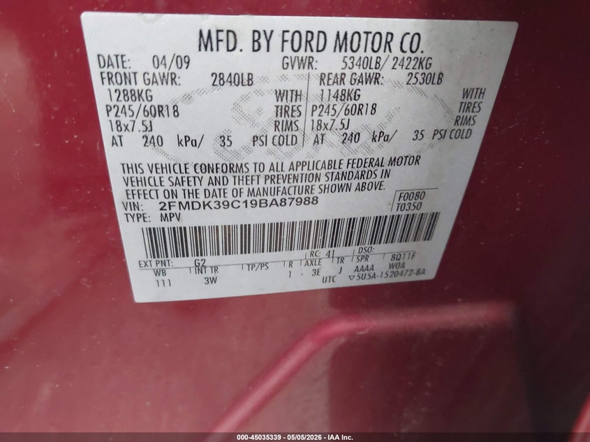 2009 Ford Edge 3.5 Limited red Lot 111045035339 Vin 2FMDK39C19BA87988