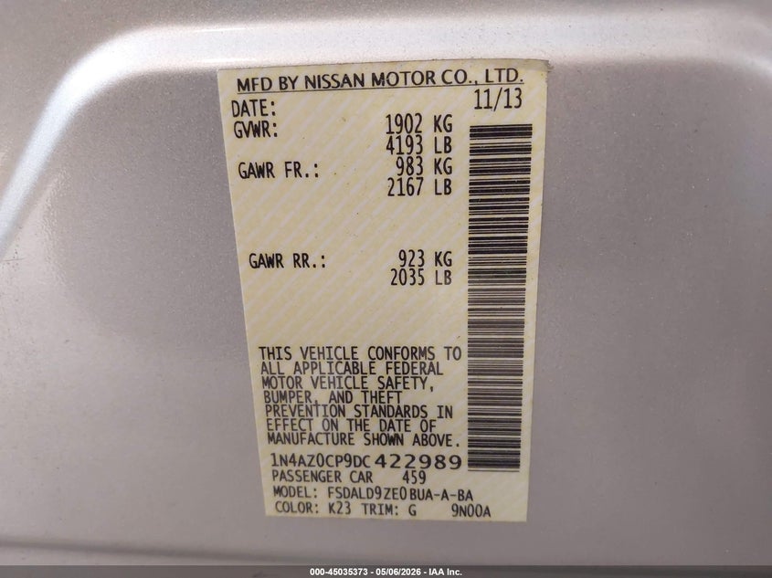 2013 Nissan Leaf Sv VIN: 1N4AZ0CP9DC422989 Lot: 45035373