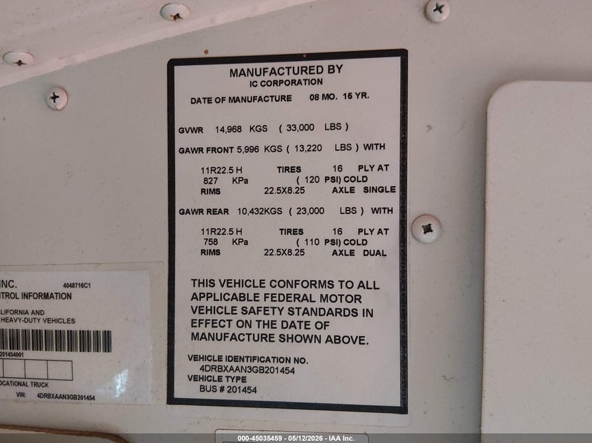2016 IC IC CORPORATION 3000 RE BUS N/A