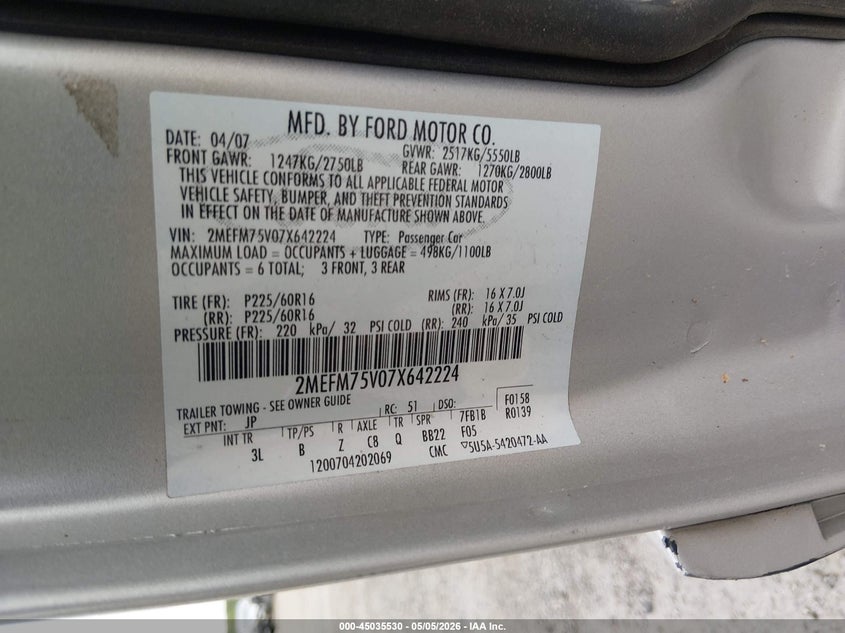 2007 Mercury Grand Marquis Ls VIN: 2MEFM75V07X642224 Lot: 45035530