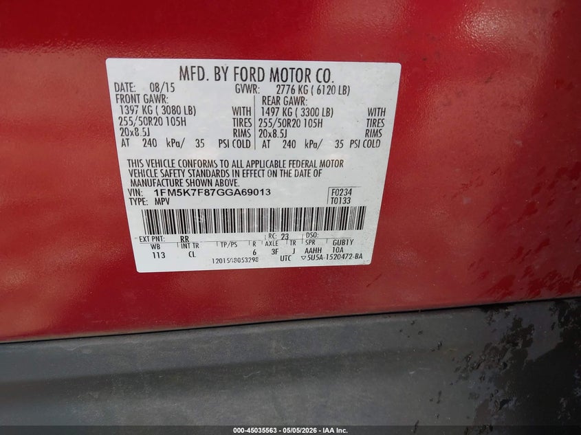 FORD EXPLORER 2016 VIN 1FM5K7F87GGA69013