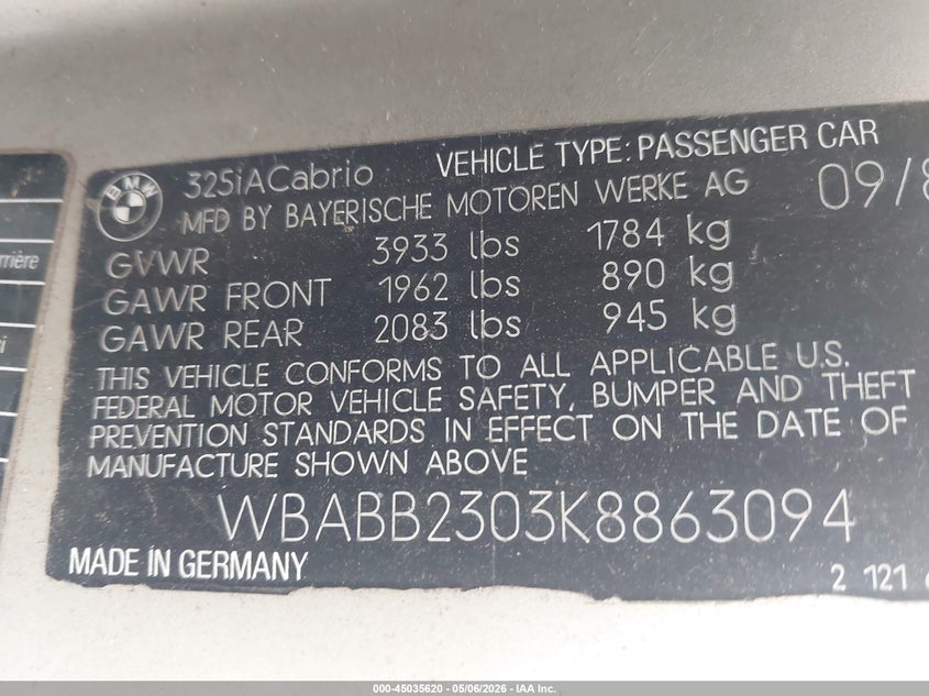 1989 BMW 325 I Automatic VIN: WBABB2303K8863094 Lot: 45035620