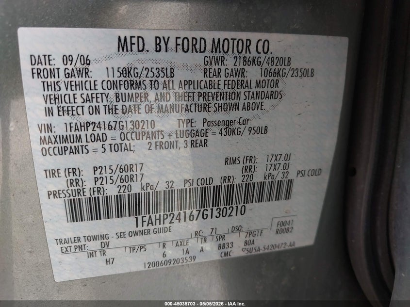 2007 Ford Five Hundred Sel VIN: 1FAHP24167G130210 Lot: 45035703