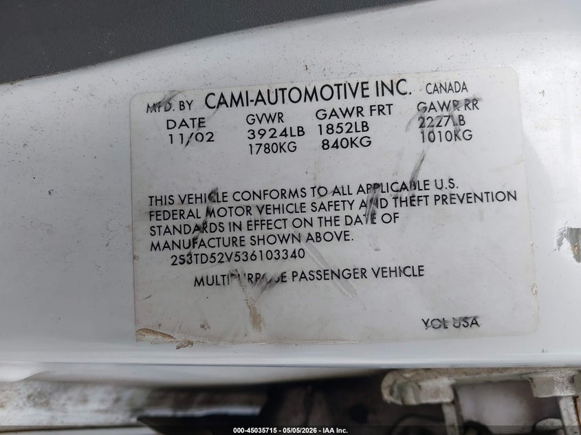 2003 Suzuki Vitara VIN: 2S3TD52V536103340 Lot: 45035715